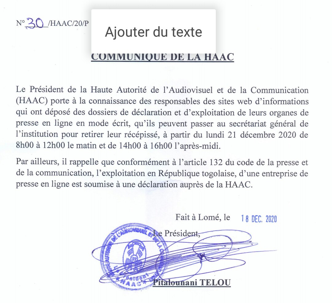 Togo/Média : les récépissés des presses en ligne sont disponibles à la HAAC