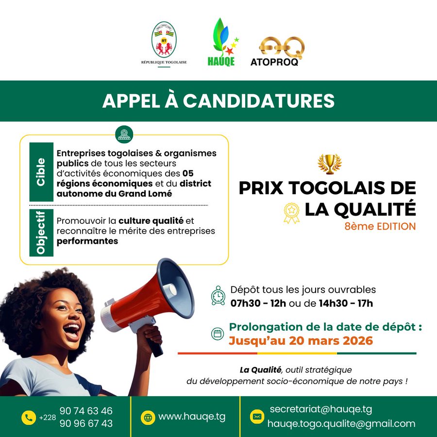Prorogation de la date limite pour le prix togolais de la qualité